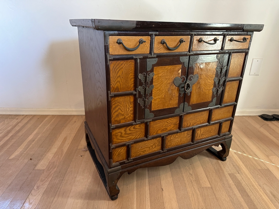 Mid Century Korean Elm Wood and Brass Engraved Butterfly Desktop Chest 25'W x 16.5D x 24'H [Photo 10]