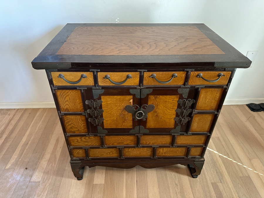 Mid Century Korean Elm Wood and Brass Engraved Butterfly Desktop Chest 25'W x 16.5D x 24'H [Photo 3]