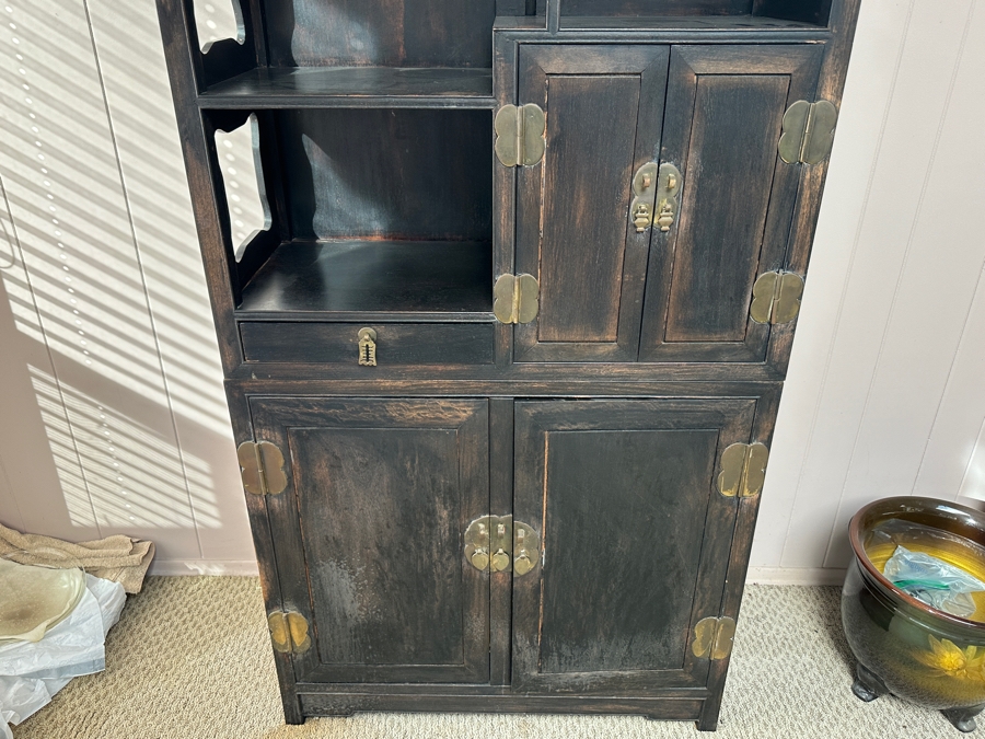 Vintage Chinese Stained Wooden Etagere Bookcase Cabinet 32.5W X 13.75D X 71.75H [Photo 3]