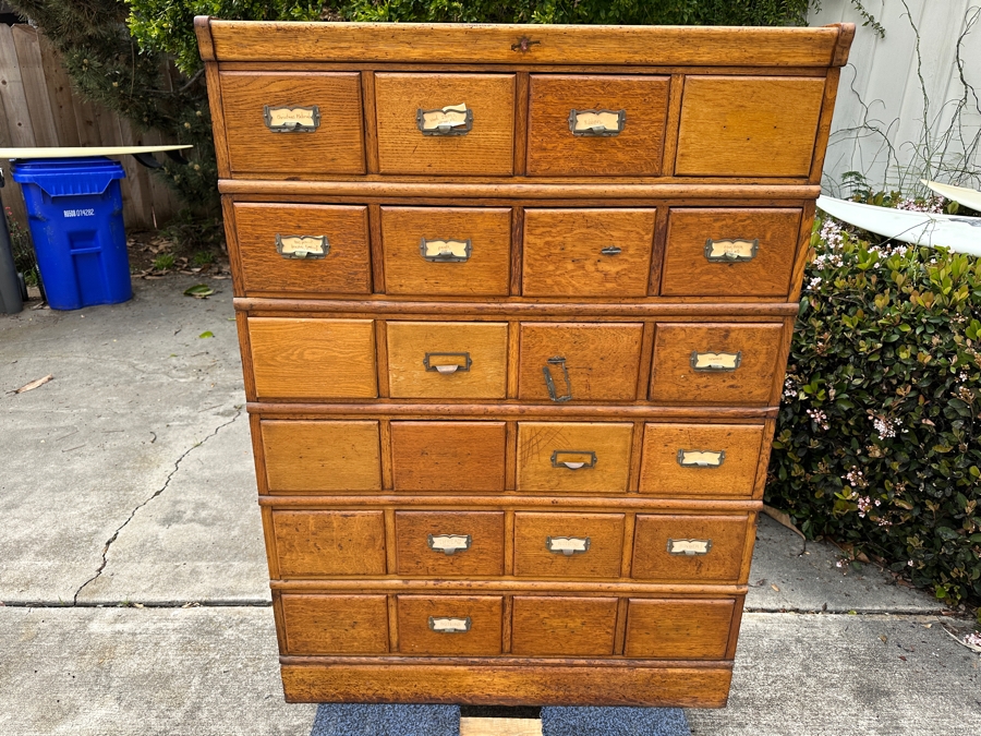 Antique Tiger Oak Library Card Catalog Cabinet 39'W x 16'D x 54.5'H [Photo 1]