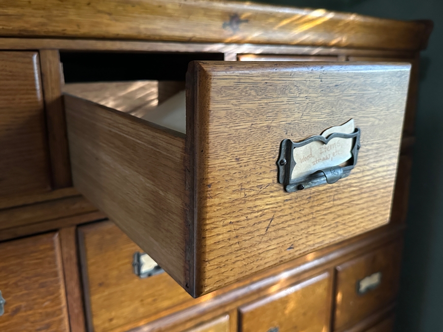 Antique Tiger Oak Library Card Catalog Cabinet 39'W x 16'D x 54.5'H [Photo 17]