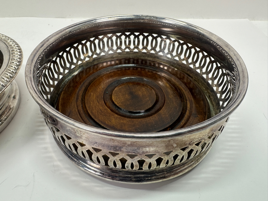 Pair Of English Silverplate / Wooden Wine Coasters [Photo 2]