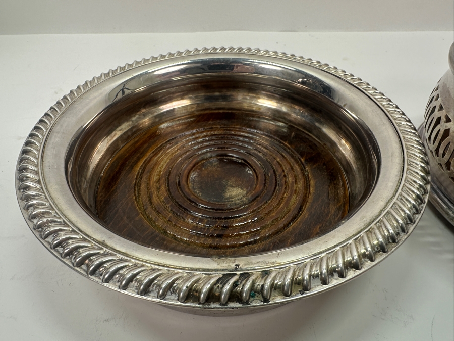 Pair Of English Silverplate / Wooden Wine Coasters [Photo 3]