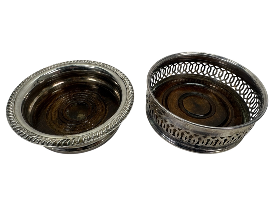 Pair Of English Silverplate / Wooden Wine Coasters [Photo 1]