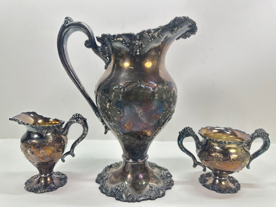 Antique Silverplate Hand Chased Grapes and Vines Water Pitcher (11'H), Creamer and Sugar Bowl [Photo 2]