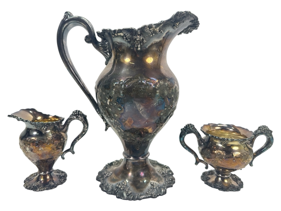 Antique Silverplate Hand Chased Grapes and Vines Water Pitcher (11'H), Creamer and Sugar Bowl [Photo 1]
