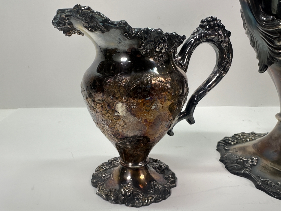 Antique Silverplate Hand Chased Grapes and Vines Water Pitcher (11'H), Creamer and Sugar Bowl [Photo 8]