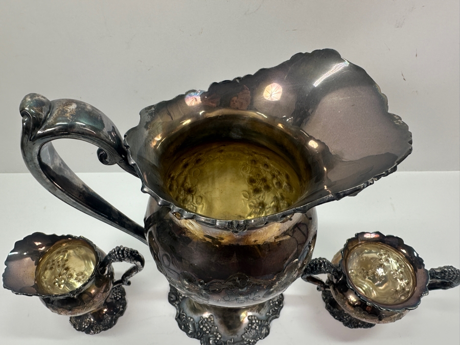 Antique Silverplate Hand Chased Grapes and Vines Water Pitcher (11'H), Creamer and Sugar Bowl [Photo 6]