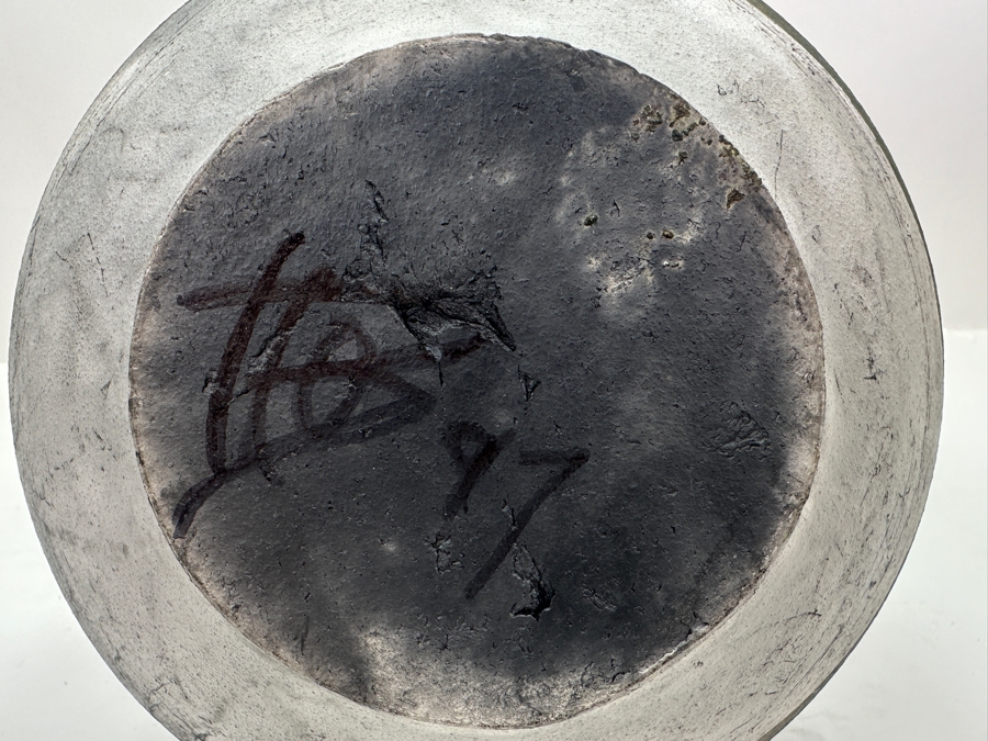 Artist Signed Art Pottery Raku Vase With Mother Of Pearl Shell 8H [Photo 6]