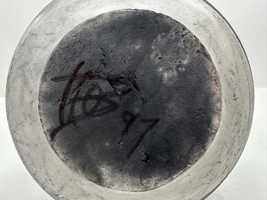 Artist Signed Art Pottery Raku Vase With Mother Of Pearl Shell 8H [Photo 7]