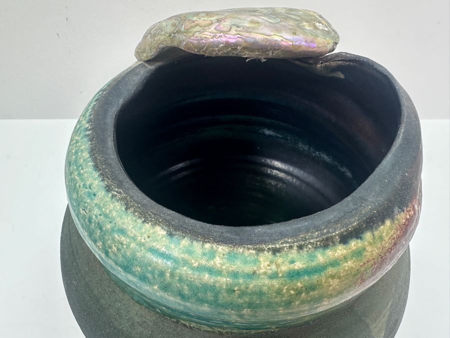 Artist Signed Art Pottery Raku Vase With Mother Of Pearl Shell 8H [Photo 5]