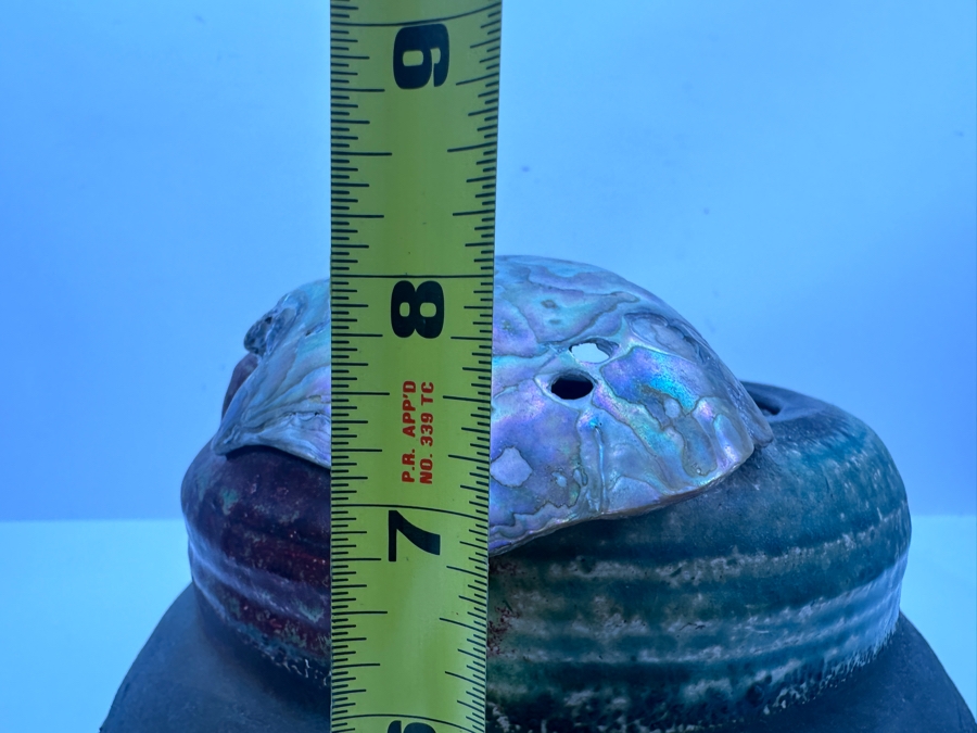 Artist Signed Art Pottery Raku Vase With Mother Of Pearl Shell 8H [Photo 8]