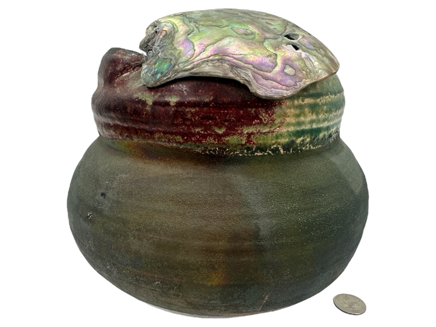 Artist Signed Art Pottery Raku Vase With Mother Of Pearl Shell 8H
