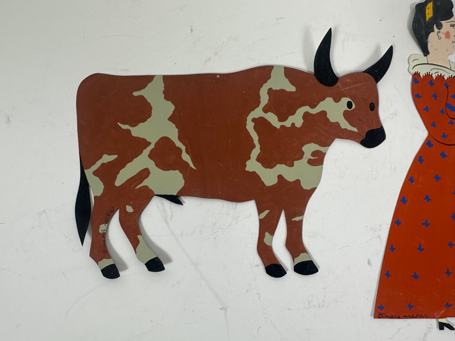 Vintage Artist Signed Hand Painted Folk Art Metal Figures, Animals, House [Photo 3]