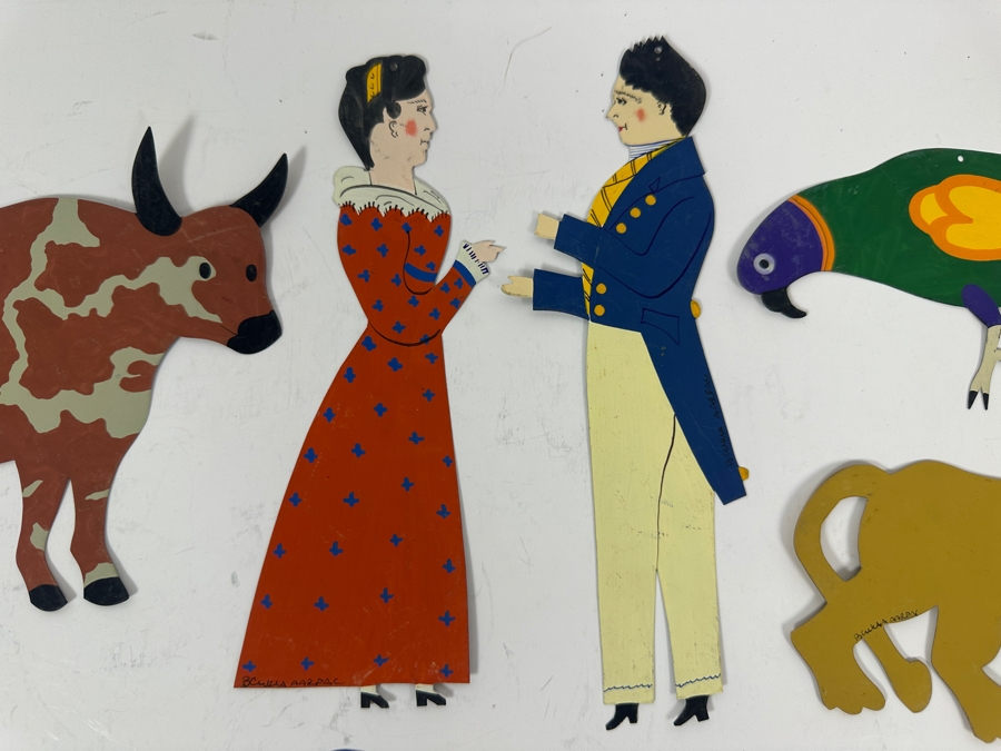 Vintage Artist Signed Hand Painted Folk Art Metal Figures, Animals, House [Photo 2]