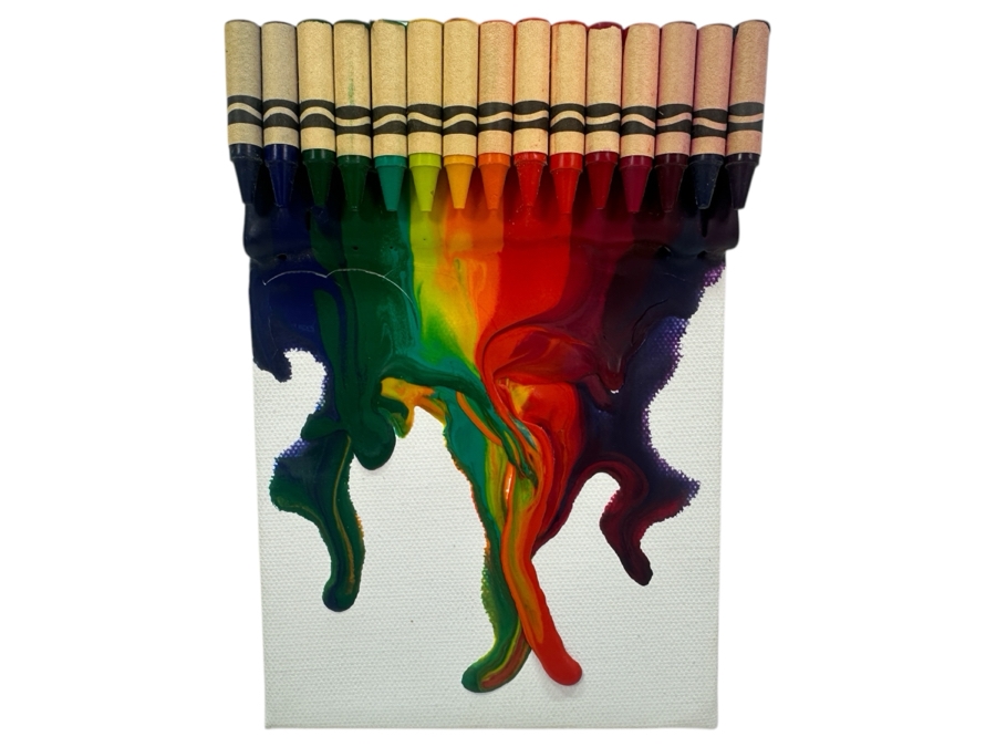 Small Original Mixed-Media Melting Crayons Artwork On Canvas 5W X 7H