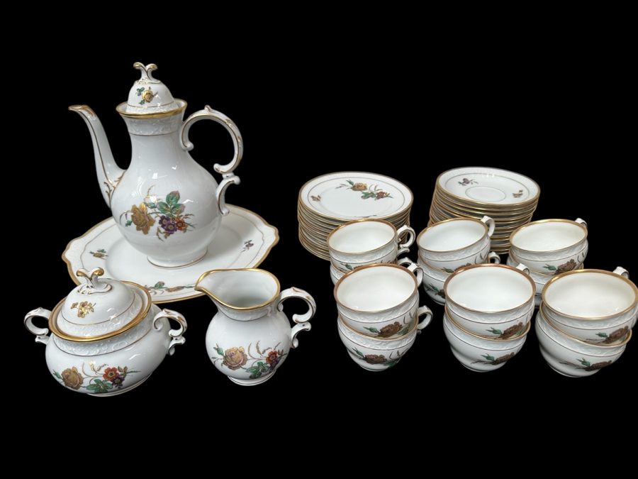 K. P. M. Danmark Porcelain China Set With Coffee Pot, Cups & Saucers, Creamer & Sugar, Dessert Plates And Platter Apx. Service For 11-12