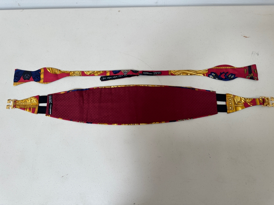 Vintage Hermes Cummerbund And Bow Tie 'Tirana' Adjustable Made In France Original Fabric Tag Attached [Photo 8]