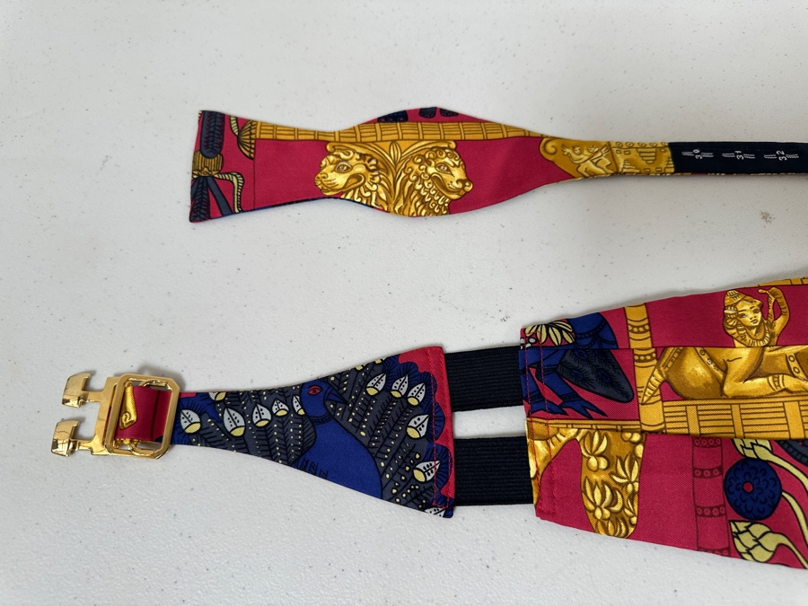 Vintage Hermes Cummerbund And Bow Tie 'Tirana' Adjustable Made In France Original Fabric Tag Attached [Photo 4]