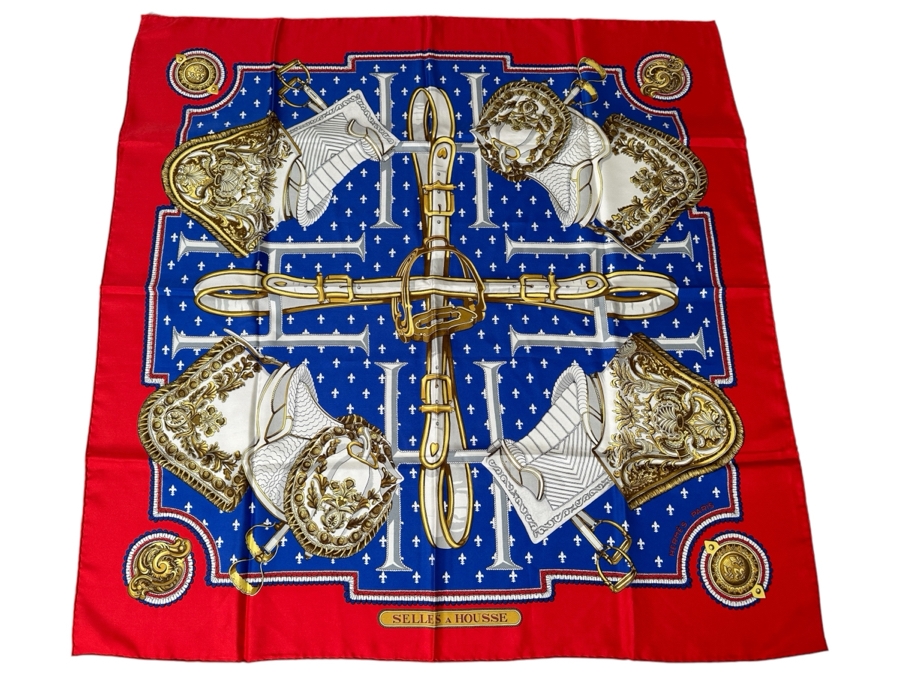 Vintage 1960's Hermes Silk Scarf 'Selles A Housse' Made In France Original Fabric Tag Attached 35 X 35 [Photo 1]