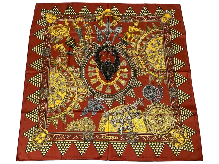 Vintage 1990's Hermes Silk Scarf 'L'or Des Chefs' Designed By Joachim Metz Made In France Original Fabric Tag Attached 35 X 35 [Photo 1]