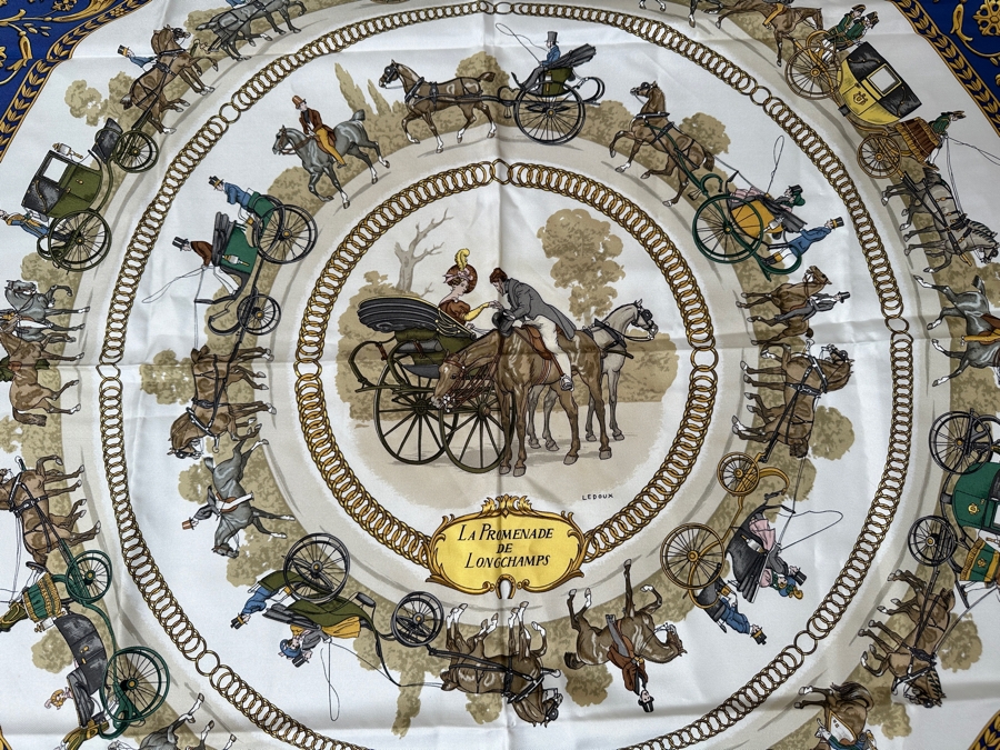 Vintage Hermes Silk Scarf 'La Promenade De Longchamps' Designed By Philippe Ledoux Made In France Original Fabric Tag Attached 35 X 35	 [Photo 3]
