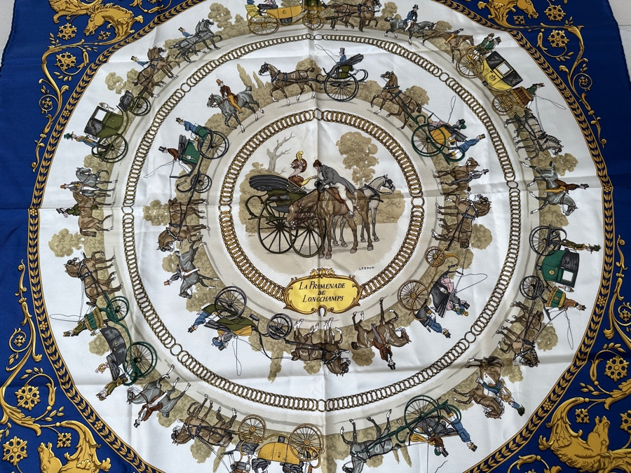 Vintage Hermes Silk Scarf 'La Promenade De Longchamps' Designed By Philippe Ledoux Made In France Original Fabric Tag Attached 35 X 35	 [Photo 2]
