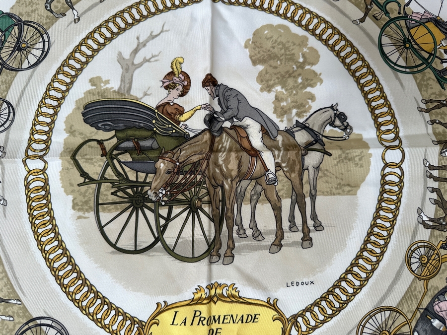 Vintage Hermes Silk Scarf 'La Promenade De Longchamps' Designed By Philippe Ledoux Made In France Original Fabric Tag Attached 35 X 35	 [Photo 5]
