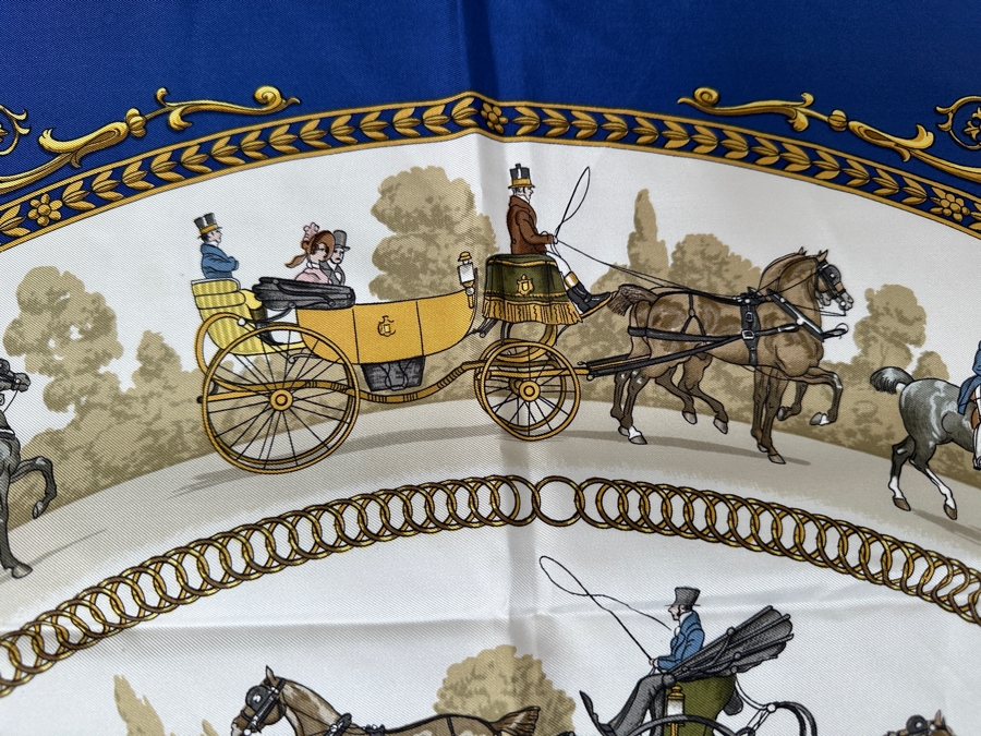 Vintage Hermes Silk Scarf 'La Promenade De Longchamps' Designed By Philippe Ledoux Made In France Original Fabric Tag Attached 35 X 35	 [Photo 6]
