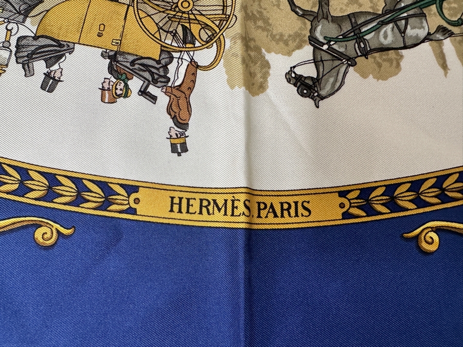Vintage Hermes Silk Scarf 'La Promenade De Longchamps' Designed By Philippe Ledoux Made In France Original Fabric Tag Attached 35 X 35	 [Photo 8]