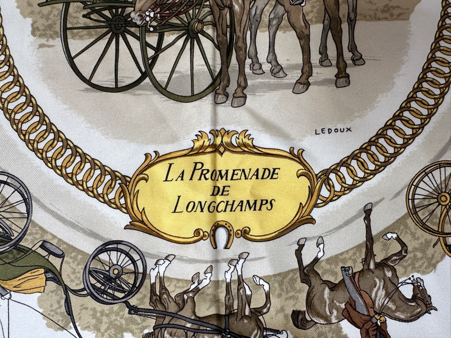 Vintage Hermes Silk Scarf 'La Promenade De Longchamps' Designed By Philippe Ledoux Made In France Original Fabric Tag Attached 35 X 35	 [Photo 4]