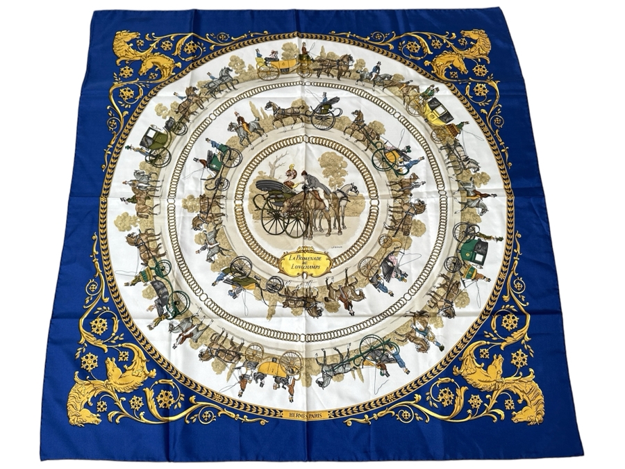 Vintage Hermes Silk Scarf 'La Promenade De Longchamps' Designed By Philippe Ledoux Made In France Original Fabric Tag Attached 35 X 35	 [Photo 1]