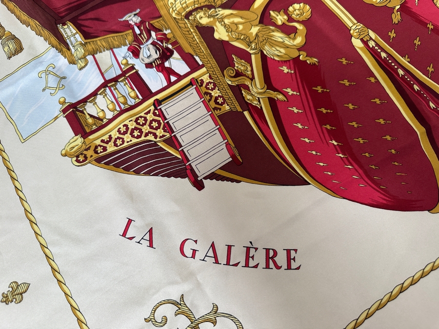 Vintage Hermes Silk Scarf 'Vue du Carosse de la Galera La Reale' Designed By Hugo Grygkar Made In France Original Fabric Tag Attached 35 X 35 [Photo 7]