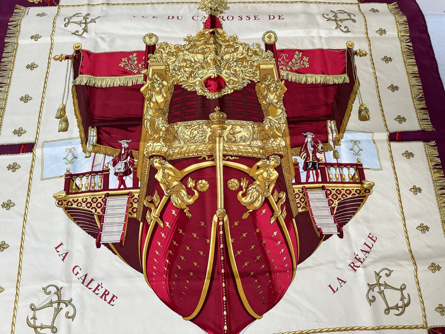 Vintage Hermes Silk Scarf 'Vue du Carosse de la Galera La Reale' Designed By Hugo Grygkar Made In France Original Fabric Tag Attached 35 X 35 [Photo 2]