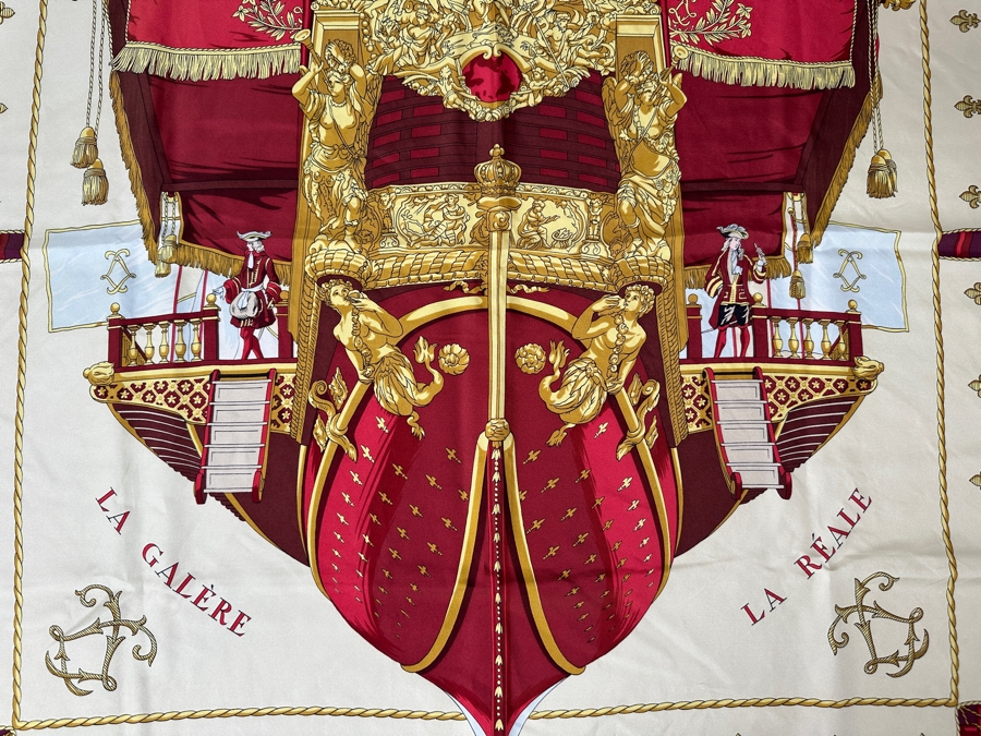 Vintage Hermes Silk Scarf 'Vue du Carosse de la Galera La Reale' Designed By Hugo Grygkar Made In France Original Fabric Tag Attached 35 X 35 [Photo 3]