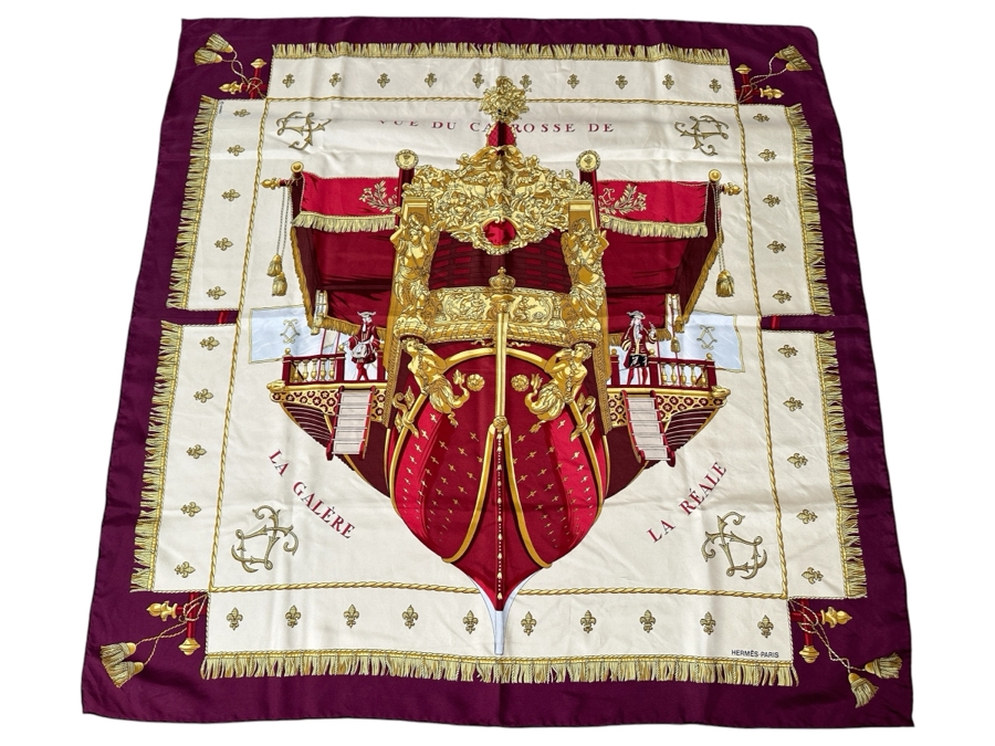 Vintage Hermes Silk Scarf 'Vue du Carosse de la Galera La Reale' Designed By Hugo Grygkar Made In France Original Fabric Tag Attached 35 X 35 [Photo 1]