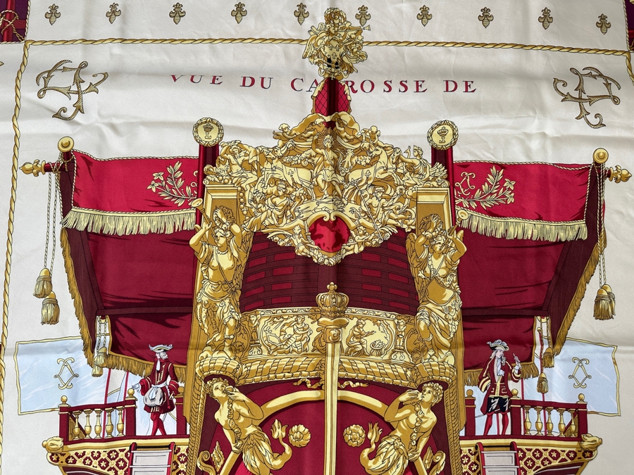 Vintage Hermes Silk Scarf 'Vue du Carosse de la Galera La Reale' Designed By Hugo Grygkar Made In France Original Fabric Tag Attached 35 X 35 [Photo 4]