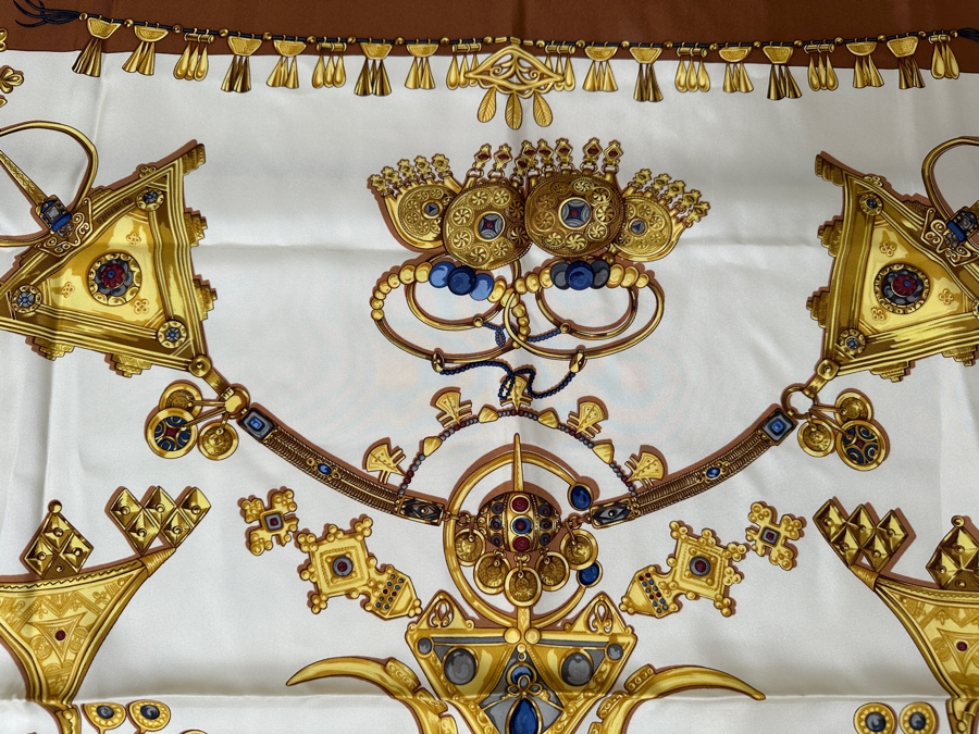 Vintage Hermes Silk Scarf 'Parures Des Sables' Designed By Laurence Bourthoumieux Made In France Original Fabric Tag Attached 35 X 35 [Photo 7]