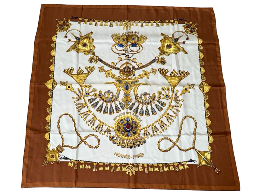 Vintage Hermes Silk Scarf 'Parures Des Sables' Designed By Laurence Bourthoumieux Made In France Original Fabric Tag Attached 35 X 35 [Photo 1]