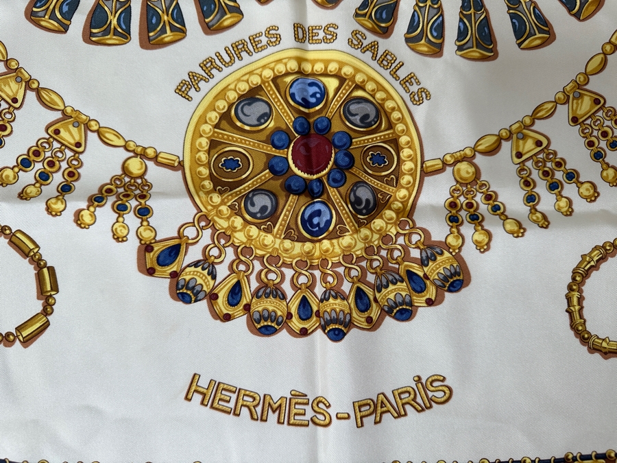 Vintage Hermes Silk Scarf 'Parures Des Sables' Designed By Laurence Bourthoumieux Made In France Original Fabric Tag Attached 35 X 35 [Photo 6]