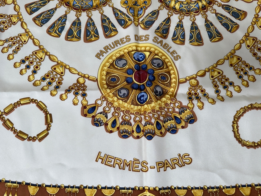 Vintage Hermes Silk Scarf 'Parures Des Sables' Designed By Laurence Bourthoumieux Made In France Original Fabric Tag Attached 35 X 35 [Photo 2]