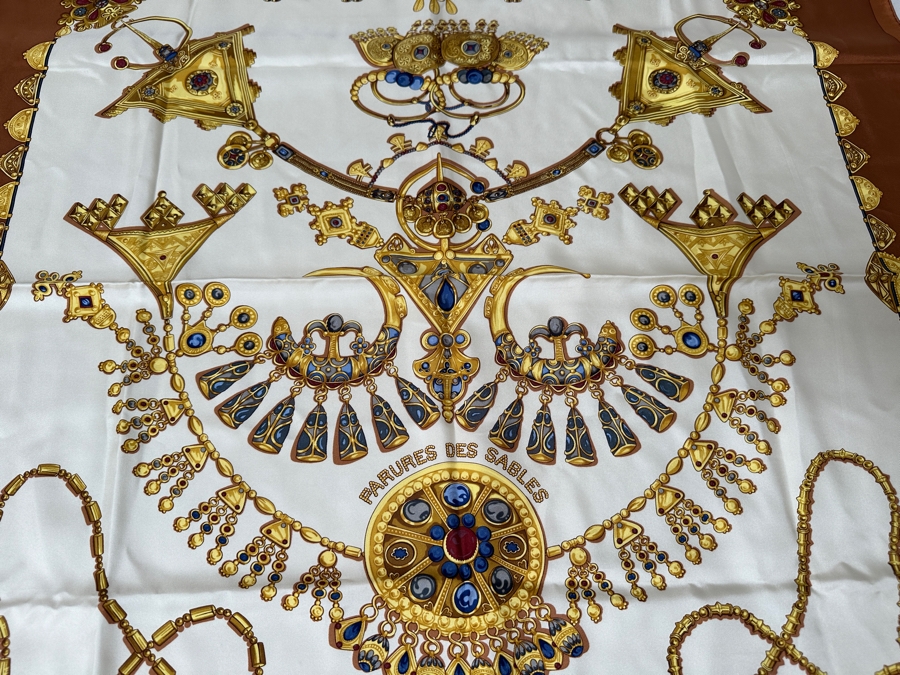 Vintage Hermes Silk Scarf 'Parures Des Sables' Designed By Laurence Bourthoumieux Made In France Original Fabric Tag Attached 35 X 35 [Photo 3]