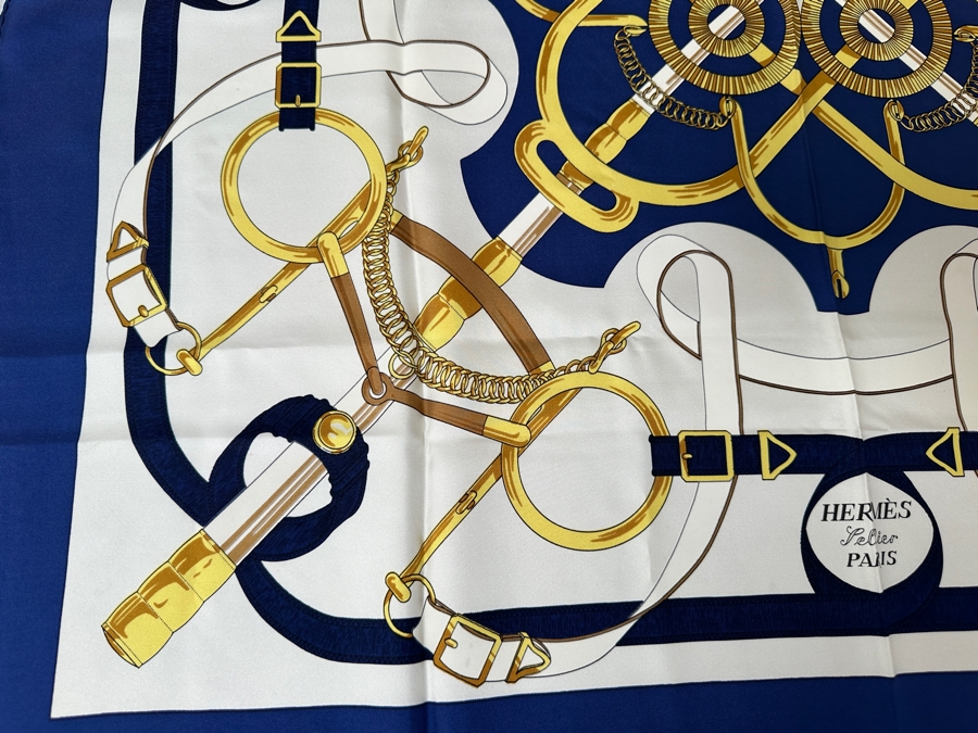 Vintage Hermes Silk Scarf 'Eperon d'Or' Designed By Henri d'Origny Made In France Original Fabric Tag Attached 35 X 35 [Photo 5]