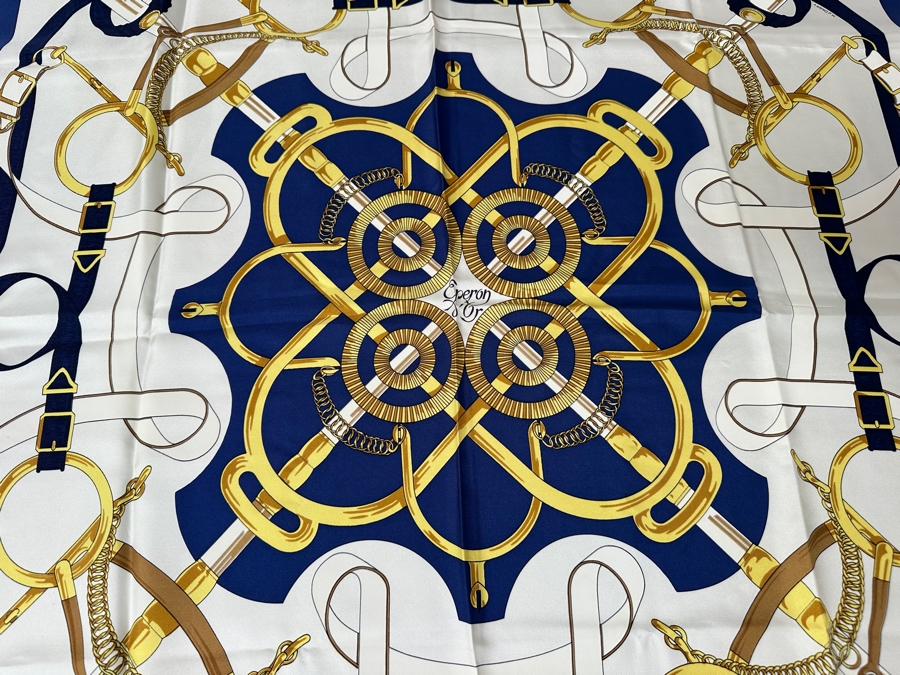 Vintage Hermes Silk Scarf 'Eperon d'Or' Designed By Henri d'Origny Made In France Original Fabric Tag Attached 35 X 35 [Photo 3]