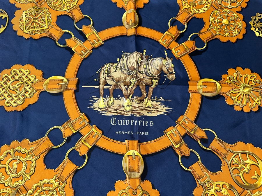 Vintage Hermes Silk Scarf 'Cuiveeries' Designed By F. DeLaPerriere Made In France Original Fabric Tag Attached 35 X 35 [Photo 2]