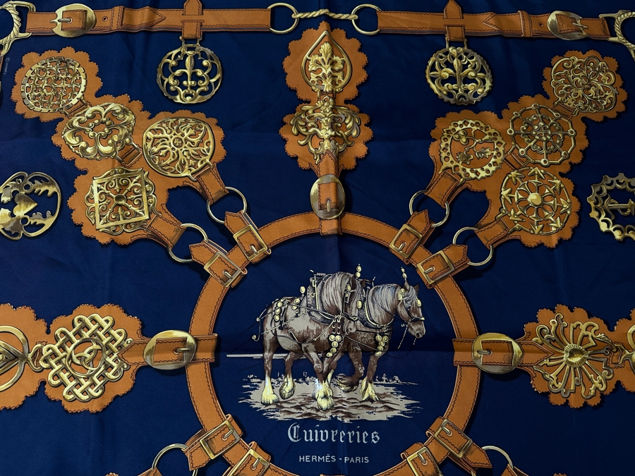 Vintage Hermes Silk Scarf 'Cuiveeries' Designed By F. DeLaPerriere Made In France Original Fabric Tag Attached 35 X 35 [Photo 4]
