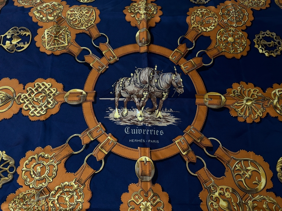 Vintage Hermes Silk Scarf 'Cuiveeries' Designed By F. DeLaPerriere Made In France Original Fabric Tag Attached 35 X 35 [Photo 3]