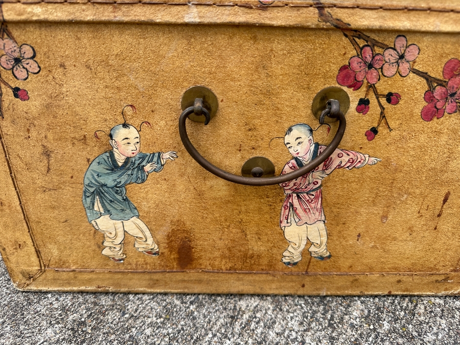 Just Added - Vintage Chinese Hand Painted Pig Skin Wrapped Wooden Trunk Chest Box 28W X 18D X 12.5H	 [Photo 14]