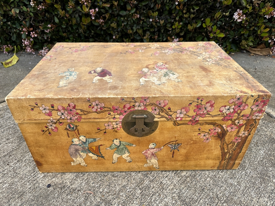 Just Added - Vintage Chinese Hand Painted Pig Skin Wrapped Wooden Trunk Chest Box 28W X 18D X 12.5H	 [Photo 3]