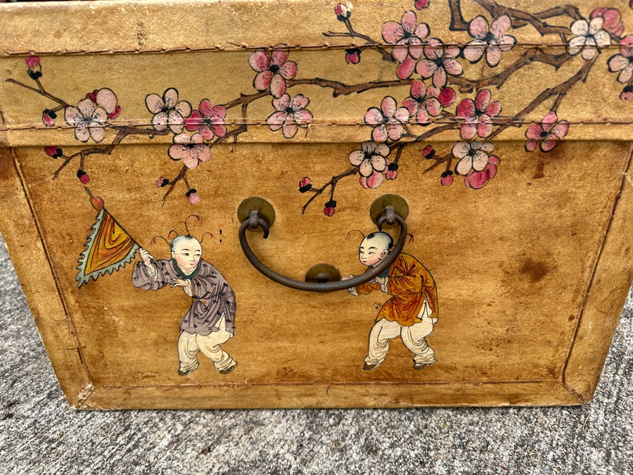 Just Added - Vintage Chinese Hand Painted Pig Skin Wrapped Wooden Trunk Chest Box 28W X 18D X 12.5H	 [Photo 20]
